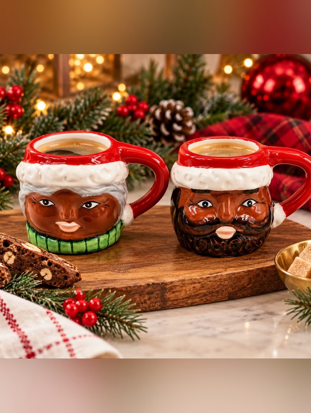 Sleigh Bell Bistro, Black Santa & Mrs. Claus Espresso Mugs, NWOT